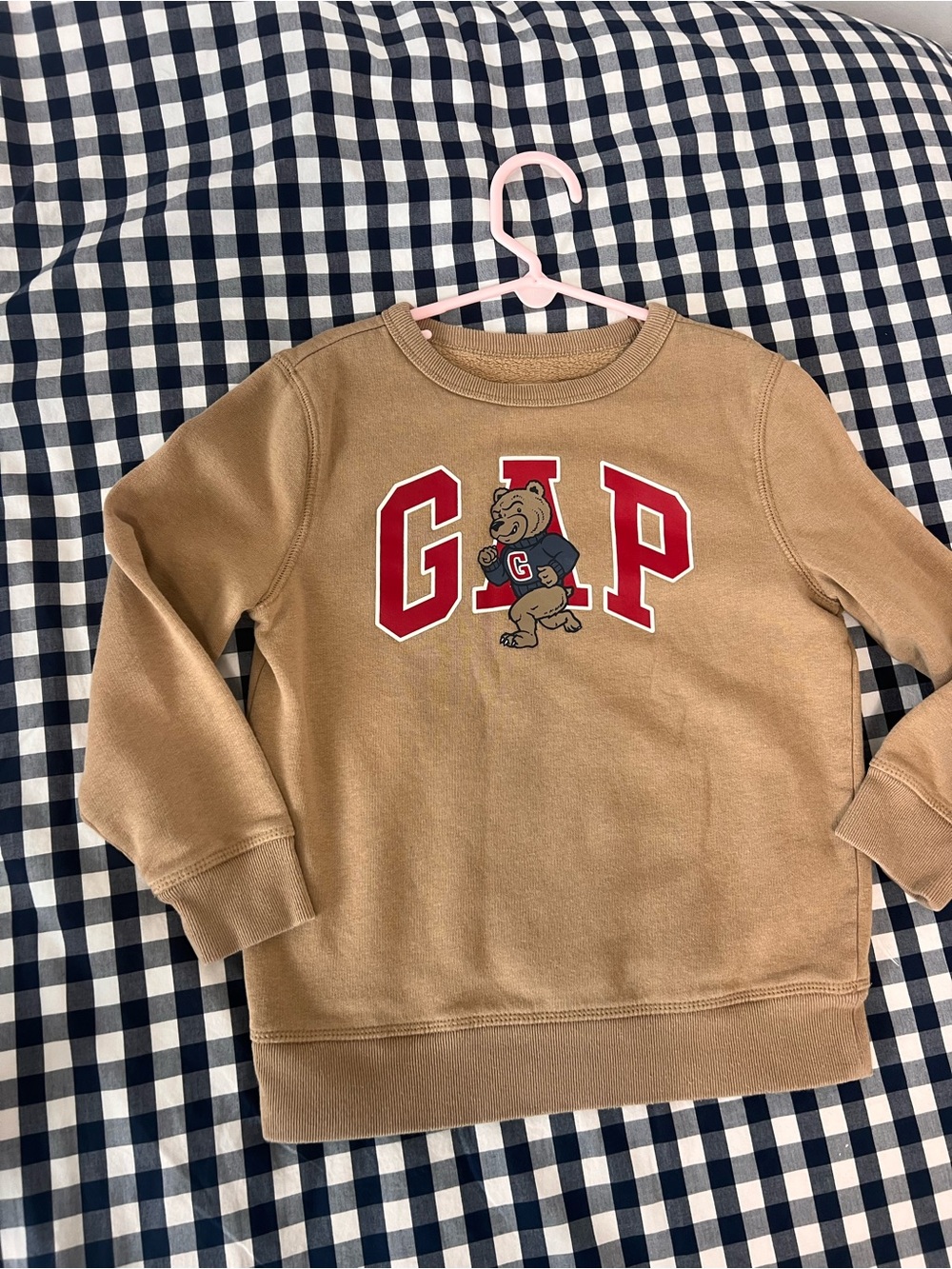GAP Kids Tan Sweatshirt with Red Lettering and Bear Patch